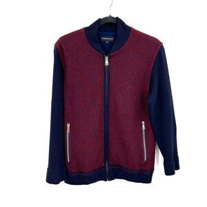 GIORGIO CAVALLI Burgundy Navy Blue Knit Ribbed Zip Sweater Jacket Size 48 Medium